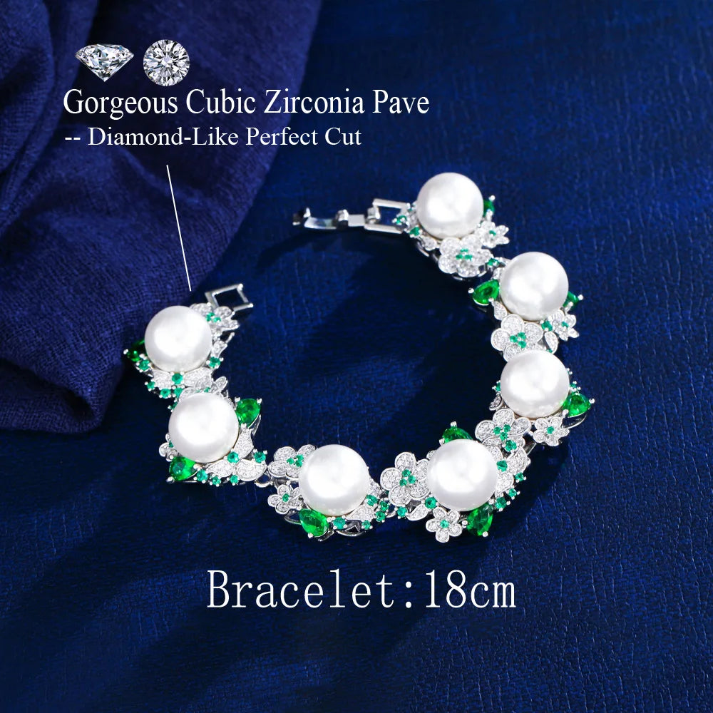 Luxury Green Cubic Zirconia Cluster Flower Wedding Engagement Bridal Big Pearl Bracelets for Women - EUFASHIONBAGS