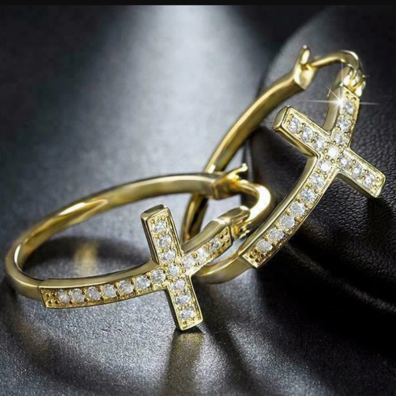 Trendy Cross Shape Hoop Earrings Lady Gold Color Shiny Zirconia Jewelry for Daily Life Fashion Female Daily Accessories