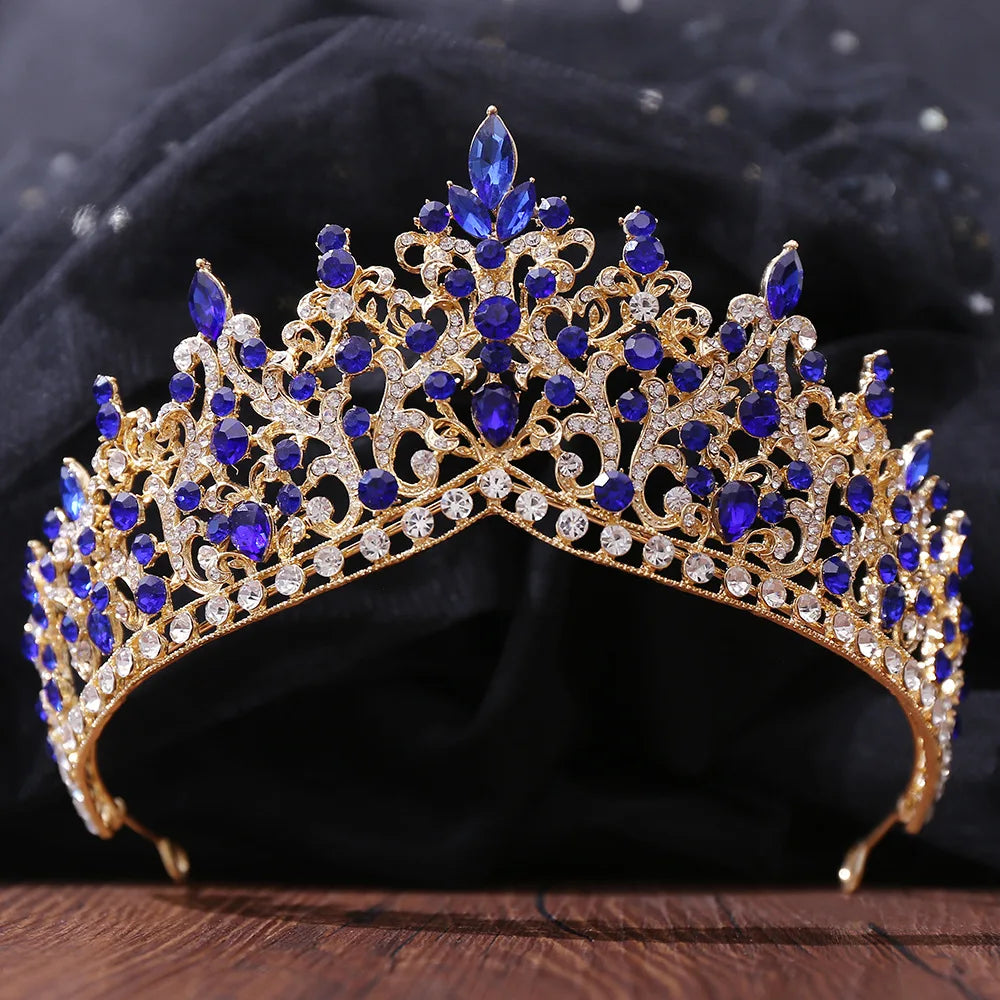 Baroque Gold Color Blue Diadem Rhinestone Crystal Tiaras Bride Headdress Princess Wedding Crown Pageant Hair Jewelry Accessories - EUFASHIONBAGS