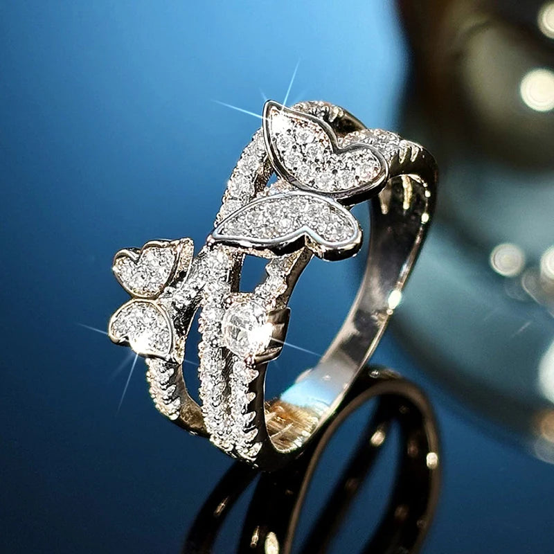 Double Butterfly Rings for Women Noble Bling Bling Sweet Finger Accessory Chic Charms Romantic Wedding Jewelry