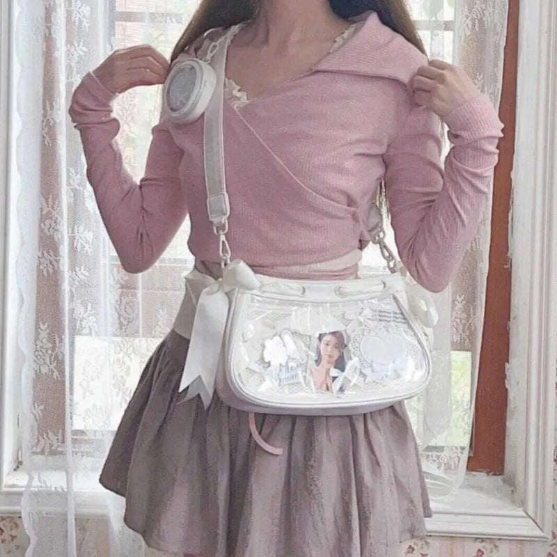 Japanese Transparent White Ita Bags Women Lolita Bow Casual Messenger Bag Female Harajuku Sweet Cute Handbag Aesthetic - EUFASHIONBAGS