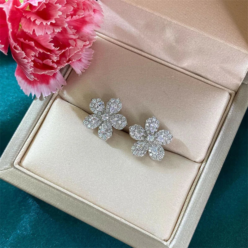 Silver Color Crystal Cubic Zirconia Flower Earrings for Women Fancy Ear Accessories Birthday Gift Piercing Trendy Jewelry - EUFASHIONBAGS