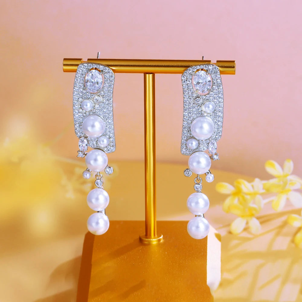 Symmetrical Luxury Chunky White Cubic Zirconia Paved Long Dangle Drop Pearl Wedding Pageant Engagement Earrings - EUFASHIONBAGS