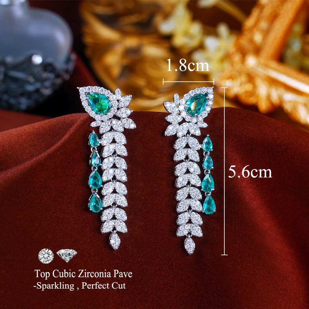 Dangling Leaf Drop Green Cubic Zirconia Luxury Long Earrings for Women Beautiful Wedding Banquet Party Jewelry - EUFASHIONBAGS