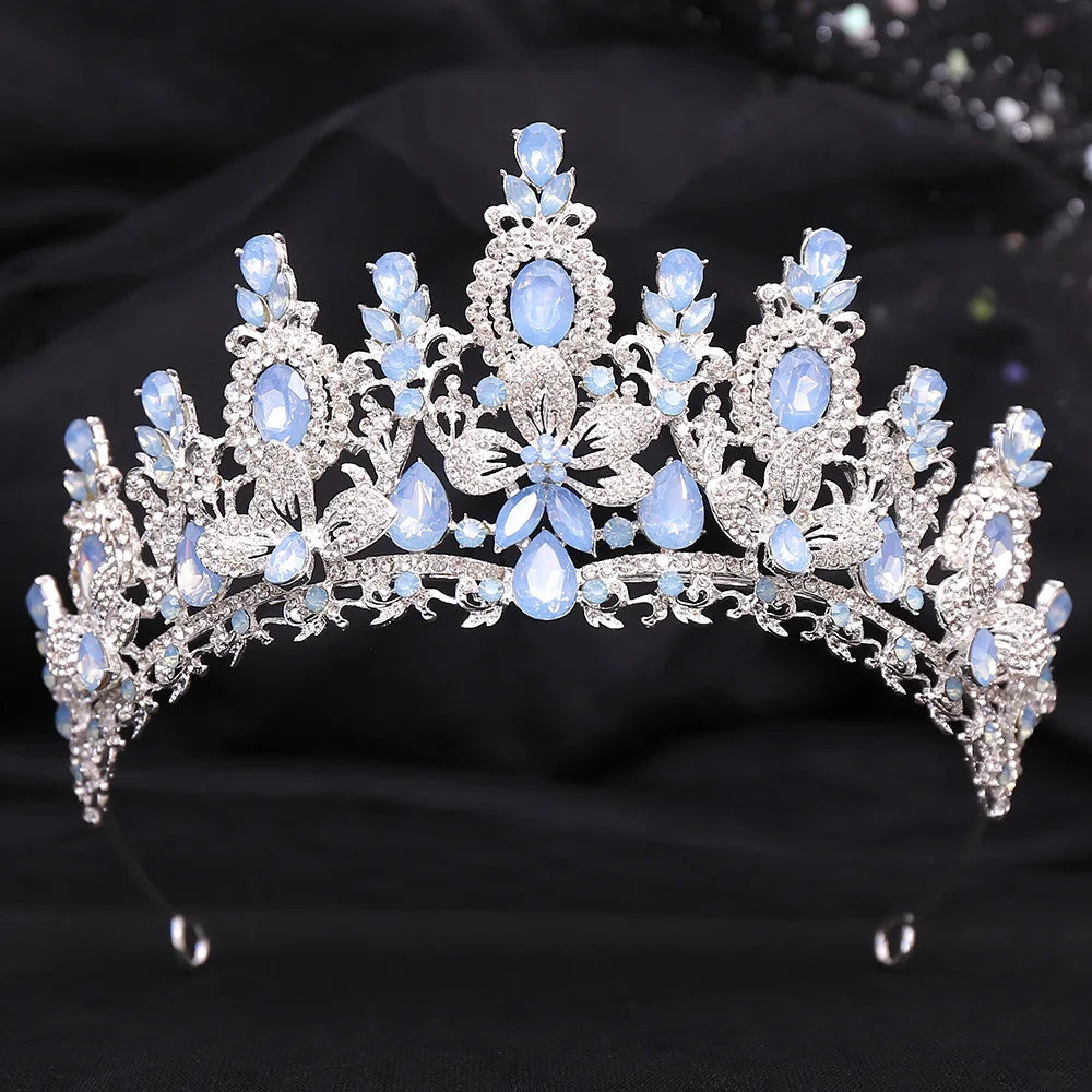 Silver Color Pink Opal Royal Queen Wedding Crown Rhinestone Crystal Bridal Diadem Pageant Headdress Bride Tiara Hair Accessories - EUFASHIONBAGS