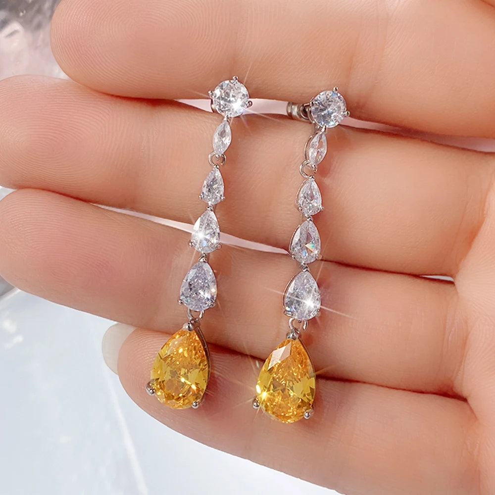 Bright Pear Yellow Cubic Zirconia Long Hanging Earrings Romantic Bride Wedding Accessory Luxury Fashion Jewelry for Women - EUFASHIONBAGS