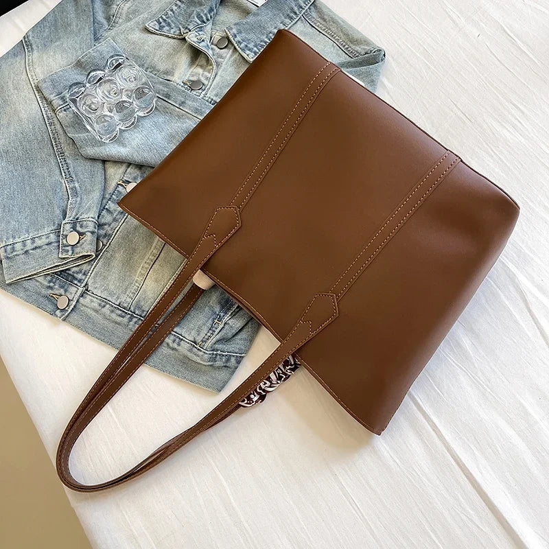 Large Solid Color PU Women's Tote Bag 2025 New Retro Casual Texture Single Shoulder BagsVersatile Class Commuting Bag