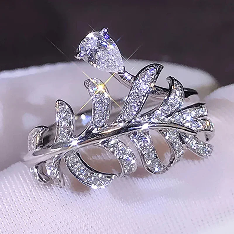 Leaf Design Rings with Sparkling CZ for Women Brilliant Promise Wedding Band Jewelry Versatile Trendy Accessory - EUFASHIONBAGS