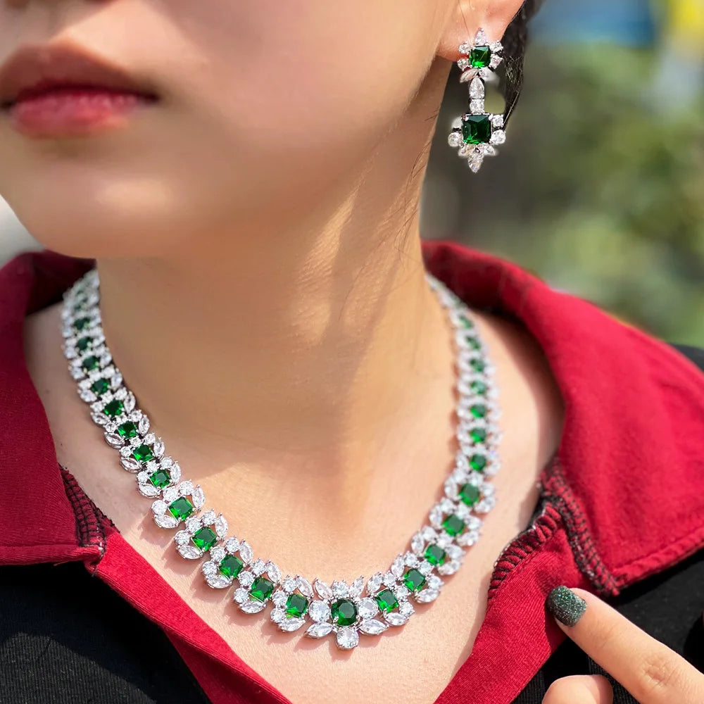 Luxurious Green Cubic Zirconia Big Women Wedding Event Costume Necklace Earrings Jewelry Sets for Brides - EUFASHIONBAGS