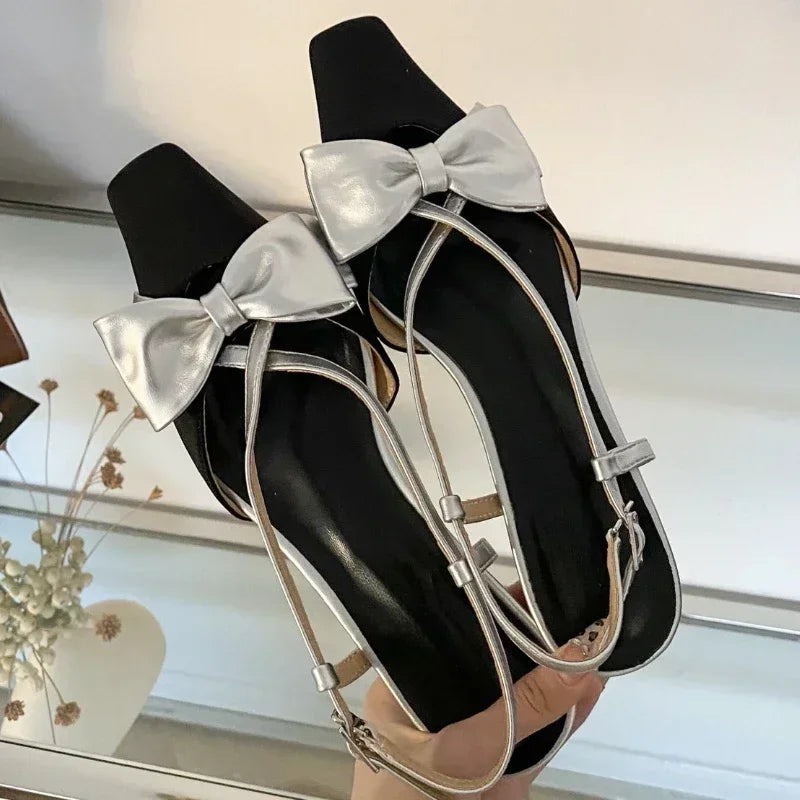 Sweet Butterfly-knot Low Heel Mules Women Shallow Elegant Dress Shoes Female Comfy Cross-tied Square Toe Slingback Sandals Women