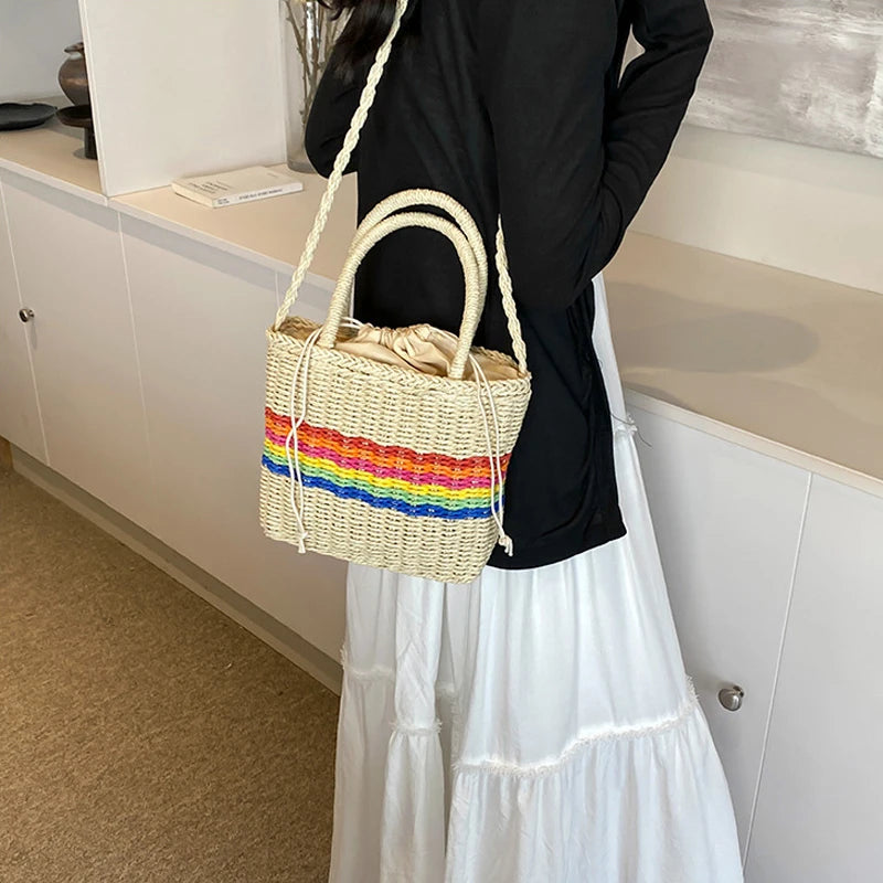 Women Drawstring Crossbody Bag Woven Tote Handbag Versatile Straw Rainbow Sling Bag Female Leisure Shoulder Bag - EUFASHIONBAGS