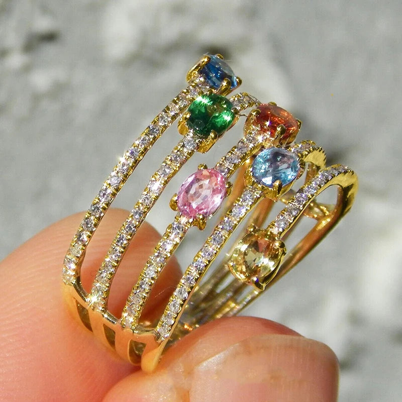 Multi Layer Design Luxury Ring Party Jewelry Multiple Colored Oval Shaped Zirconia Stone Accessories for Anniversary