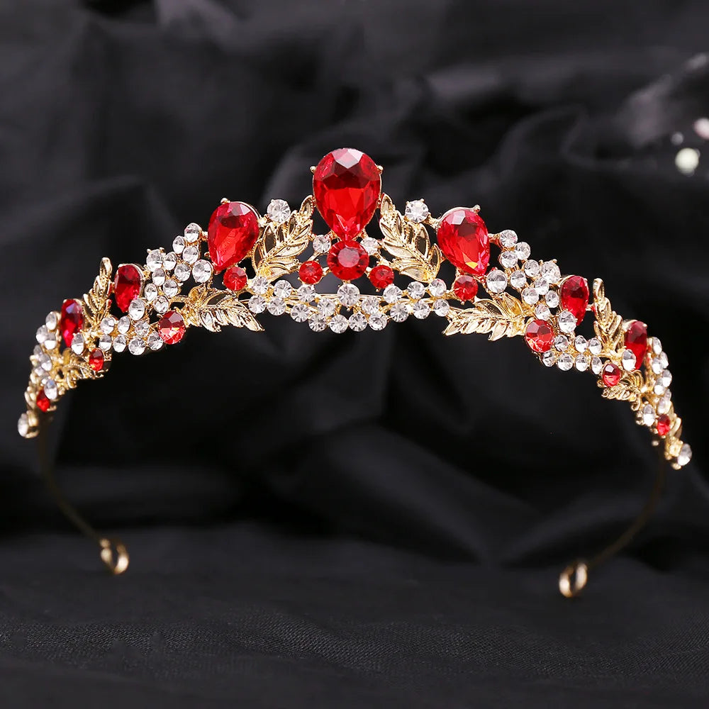 Baroque Gold Color Red Crystal Bridal Tiaras Crowns Rhinestone Pageant Diadem Women Headpieces Wedding Hair Accessories Jewelry