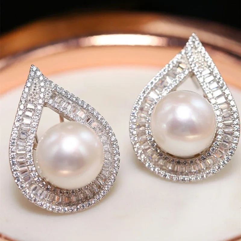 Waterdrop Shaped Stud Earrings with Round Simulated Pearl Luxury Bride Wedding Earrings Trendy Jewelry for Women - EUFASHIONBAGS