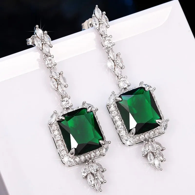 Geometric Square Green Cubic Zircon Dangle Earrings Sparkling Crystal CZ Luxury Ear Accessories for Women Wedding Jewelry - EUFASHIONBAGS