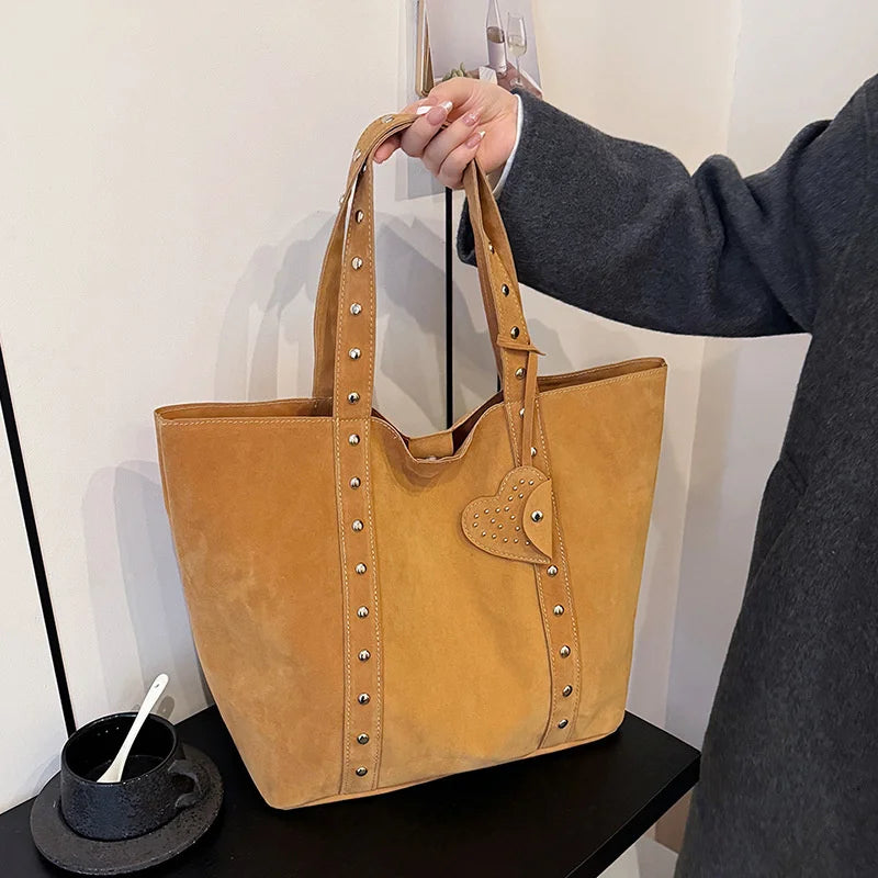 Nubuck Leather Tote Bags Lady Shoulder Bag for Women Winter New Fashion Retro Rivent Handbags and Purses - EUFASHIONBAGS