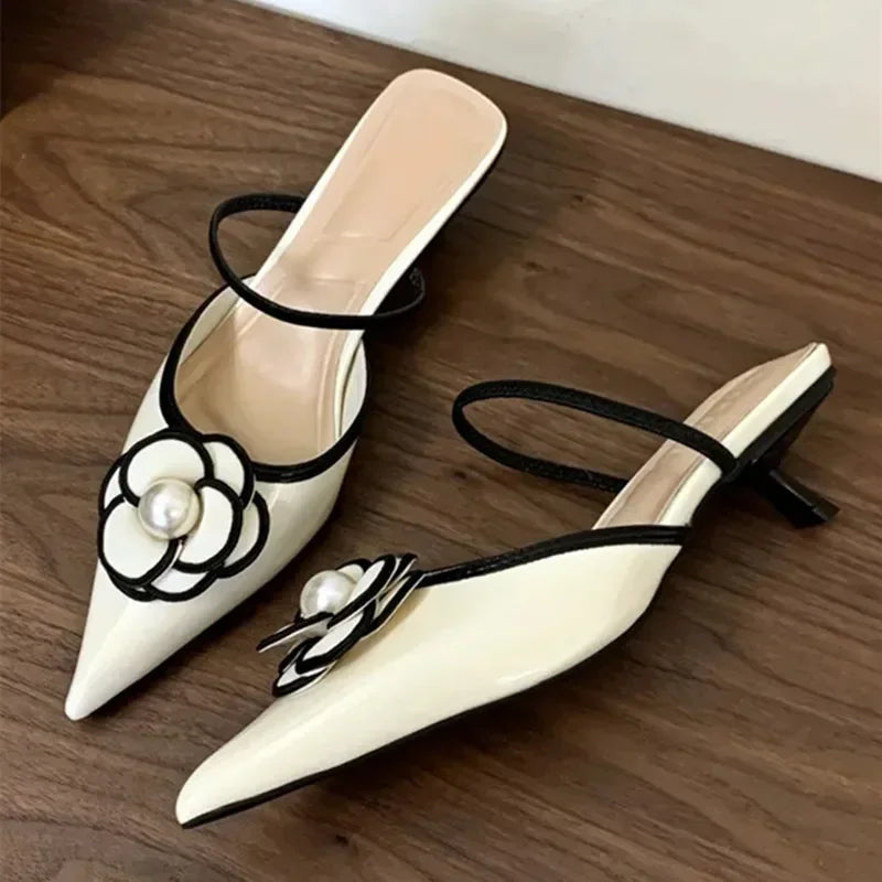 Flower Designer Brand Heeled Sandals Women Pointed Toe Pumps Female Elegant Dress Shoes Slides 2025 New Slippers Women Sandalias