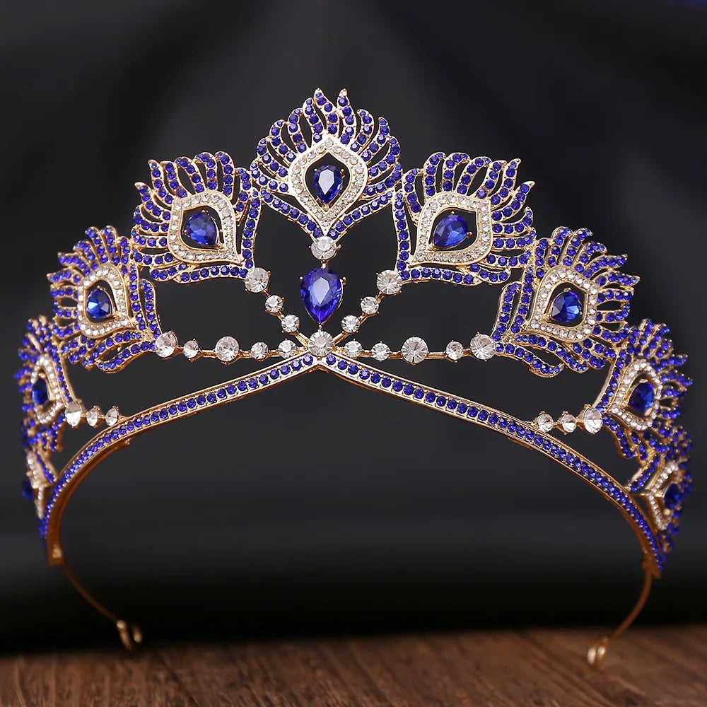 Miss Universe Crown Round Adjustable Pearl Peakcock Feather Tiaras Rhinestone Pageant Prom Crowns CZ Coroa Novia Bijoux Cheveux - EUFASHIONBAGS