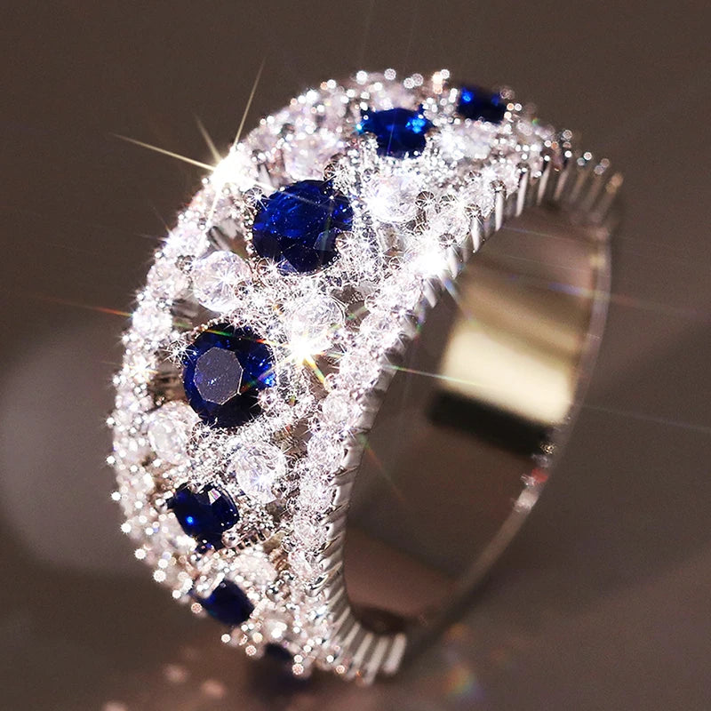 Dazzling Blue/White Cubic Zirconia Wedding Rings for Women Luxury Silver Color Temperament Lady Rings Party Jewelry New