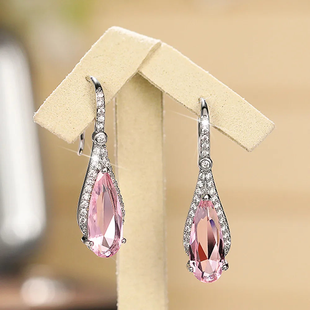 Water Drop Pink Cubic Zirconia Drop Earrings for Women Sparkling Engagement Ear Accessories Temperament Sweet New Jewelry - EUFASHIONBAGS