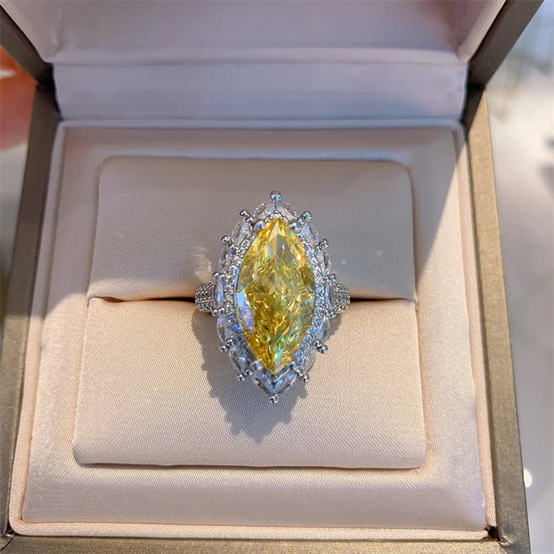 Unique Marquise Yellow CZ Ring Women for Wedding Ceremony Party Accessories Fancy Anniversary Gift New Fashion Jewelry