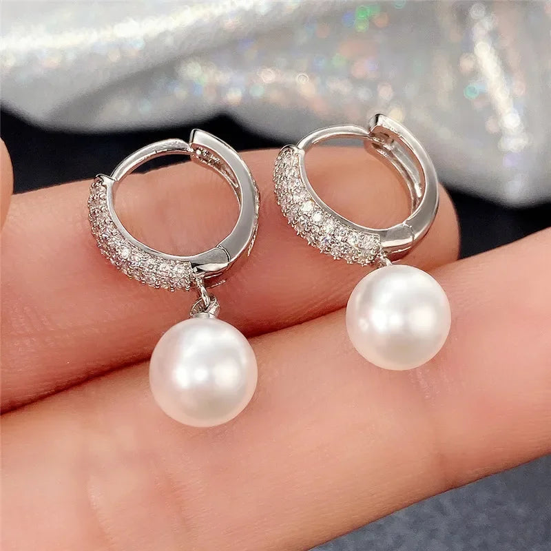 New Trend Imitation Pearl Dangle Earring for Women Luxury Silver Color Bling Cubic Zirconia Fashion Elegant Lady Jewelry