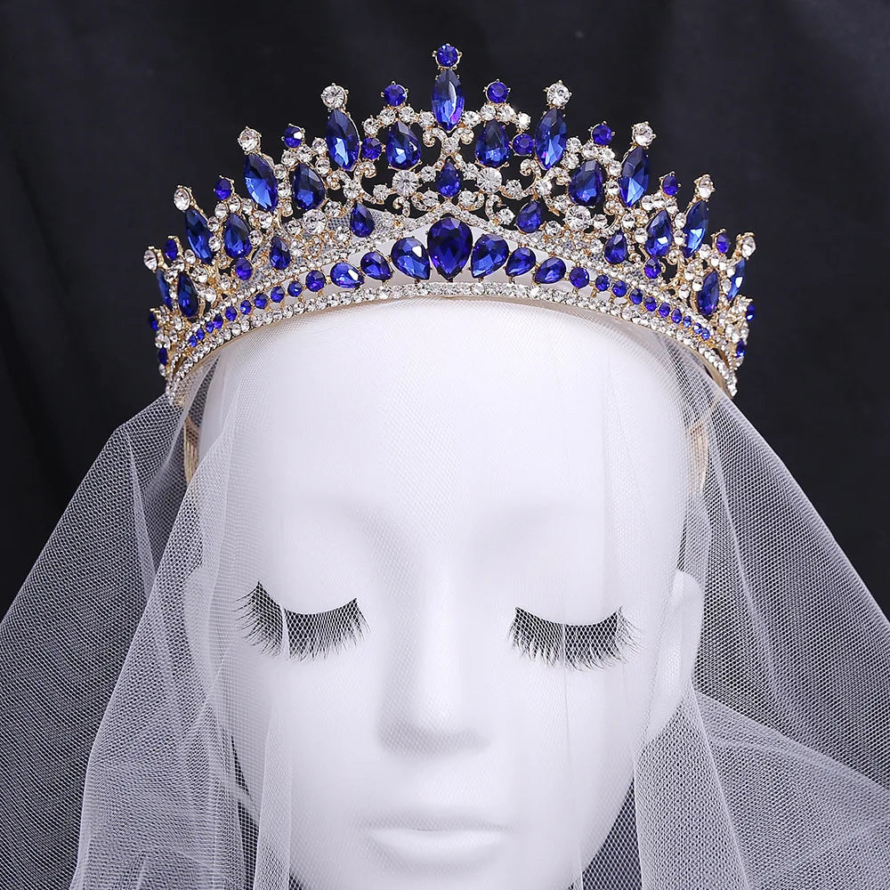 Baroque Blue Green Opal Wedding Crown With Comb Crystal Royal Queen Bridal Tiaras Big Rhinestone Pageant Diadem Head Accessories - EUFASHIONBAGS