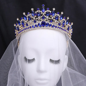 Baroque Blue Green Opal Wedding Crown With Comb Crystal Royal Queen Bridal Tiaras Big Rhinestone Pageant Diadem Head Accessories