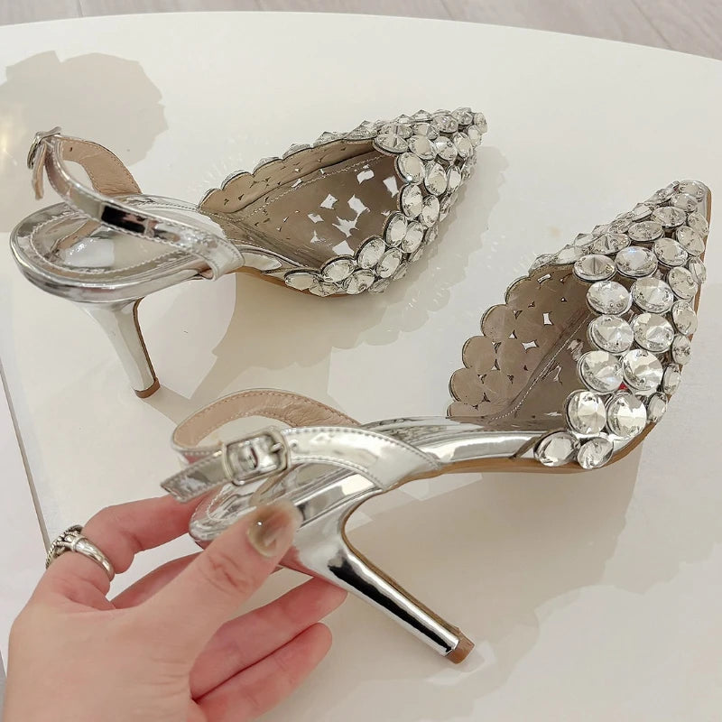 Shiny Rhinestone High Heeled Sandals for Women Pointed Toe Luxury Party Dress Shoes Sexy Diamond Brand High Heels Ladies Pumps