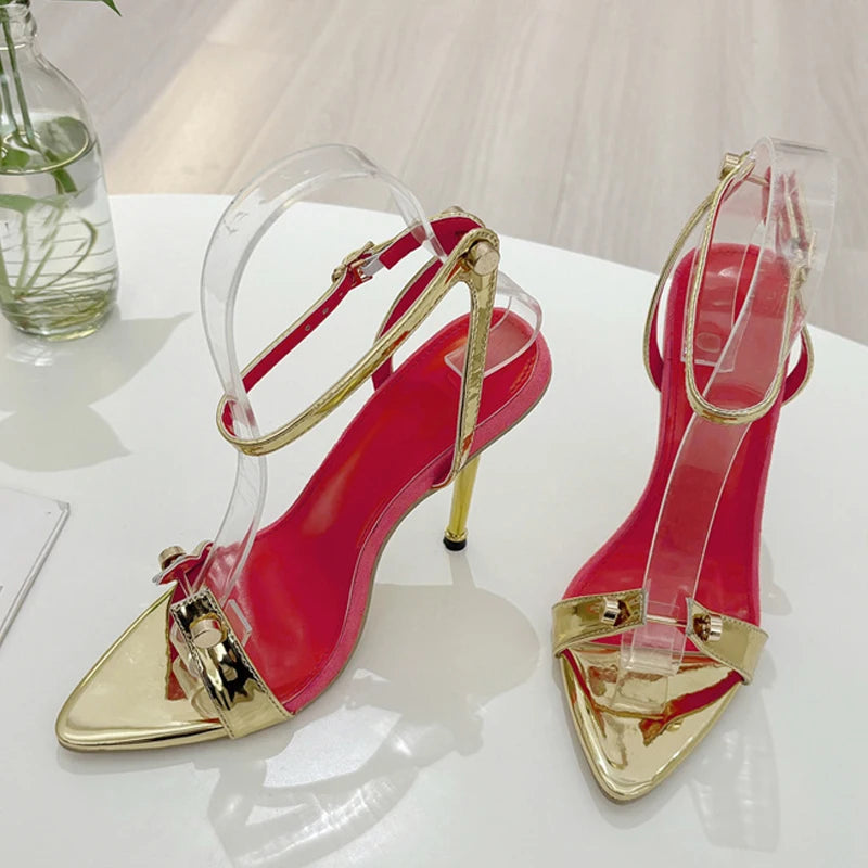 2025 Gold Silver Ankle Strap Sandals Women Wedding Banquet Shoes Sexy Metal Pointed Toe Stripper High Heels Sandalias