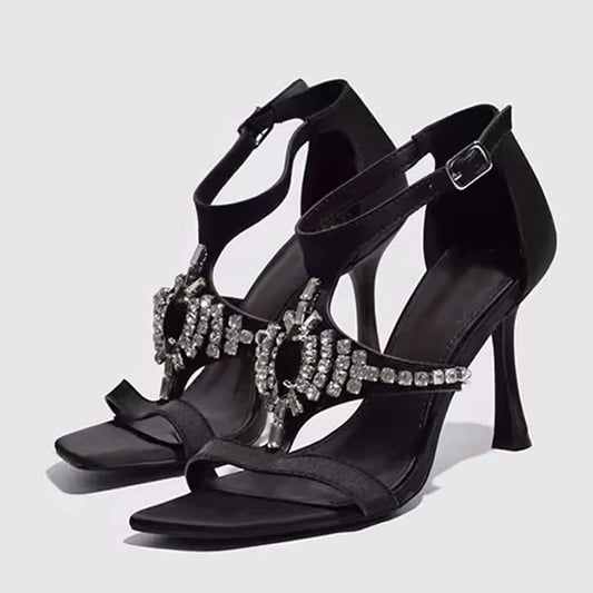 Summer 9CM Gladiator Sandals Women Black Gemstone Crystal Strap Open Toe Thin High Heels Party Prom Shoes Zapatos Mujer