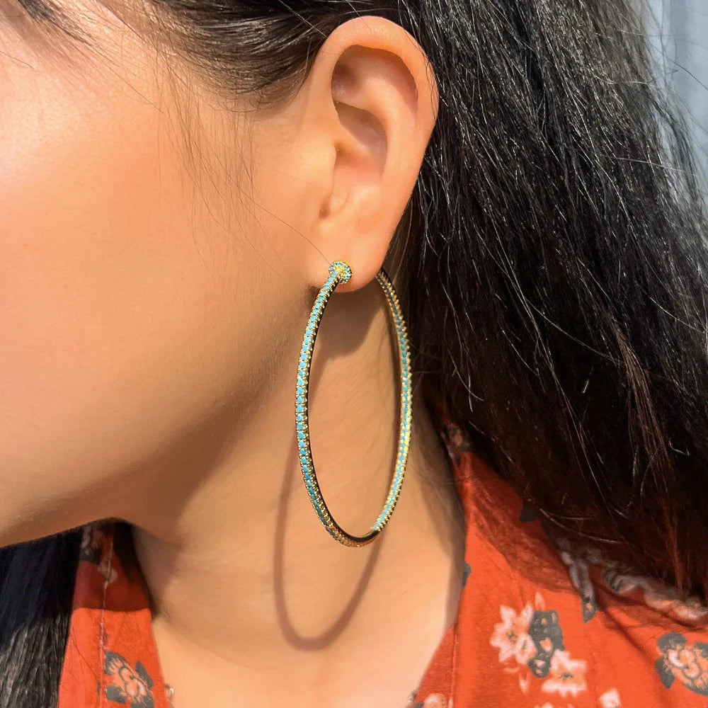 Extra Big Circle Round Blue Turquoise Stone Thin Hoop Earrings for Women New Fashion Engagement Jewelry Gift - EUFASHIONBAGS