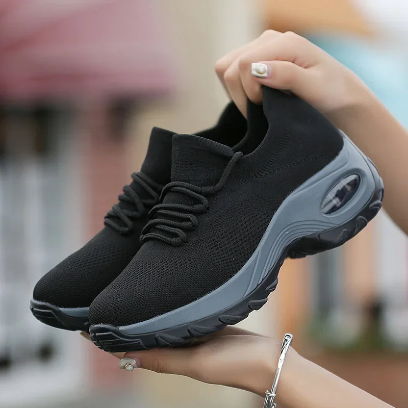 Women Tennis Shoes Air Cushion Red Sports Shoes High Heels Mesh Lace-up Female Sock Footwear Outdoor Thick Bottom Women Sneakers - EUFASHIONBAGS