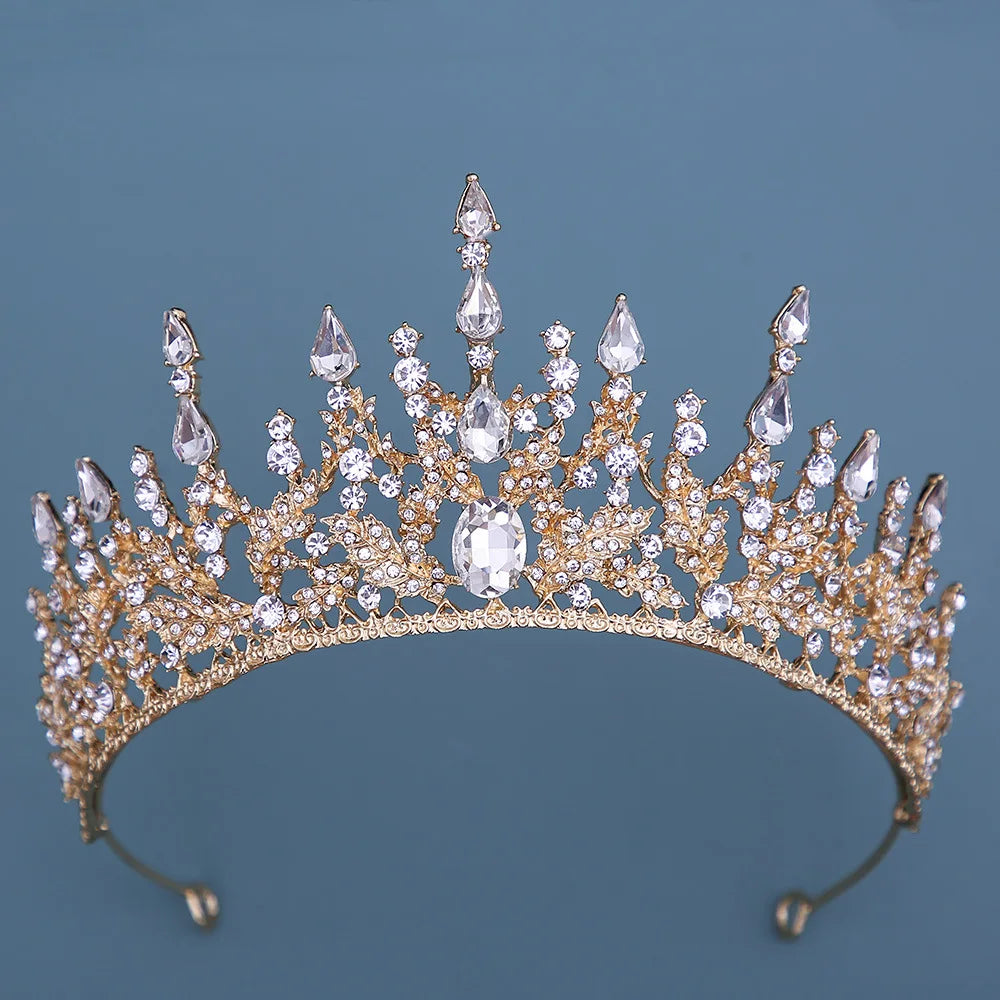 Baroque Korean Gold Color Crystal Crown Hair Accessories Luxury Rhinestone Tiara For Women Wedding Headdress Bridal Hair Jewelry