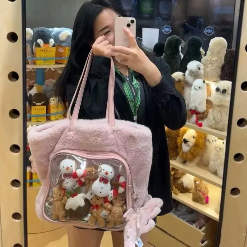 Japanese Transparent Pink Ita Bag Purse Women Harajuku Aesthetic Plush Handbag Female Large Tote Bag - EUFASHIONBAGS