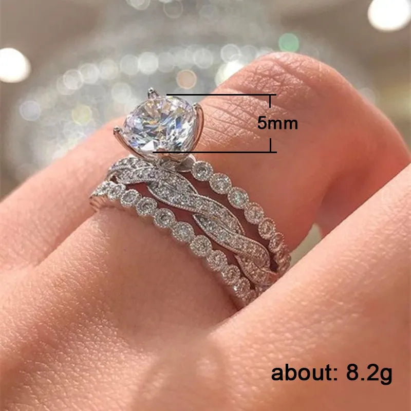 3Pcs Set Women Rings Silver Color for Wedding Modern Sparkling Cubic Zirconia Accessories Newly Jewelry Rings Set