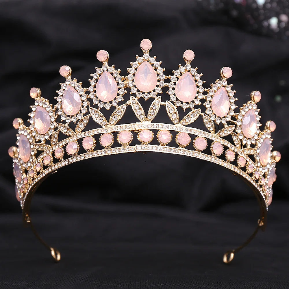 Baroque Pink Opal Crystal Wedding Crown Princess Bride Headwear Rhinestone Pageant Diadem Bridal Tiaras Hair Jewelry Accessories - EUFASHIONBAGS