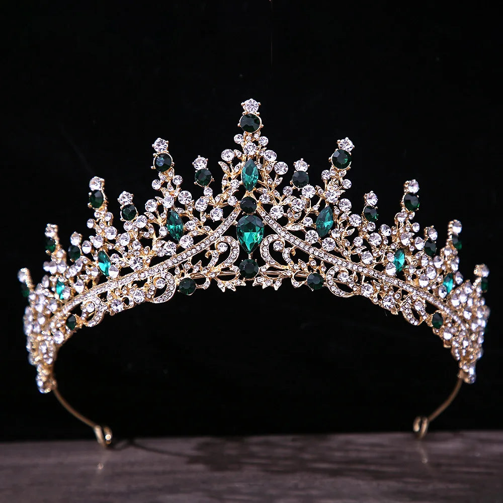 Luxury Green Color Crystal Wedding Crown Bridal Hair Accessories Women Baroque Crown Rhinestones Tiaras Bride Queen Party Crowns - EUFASHIONBAGS