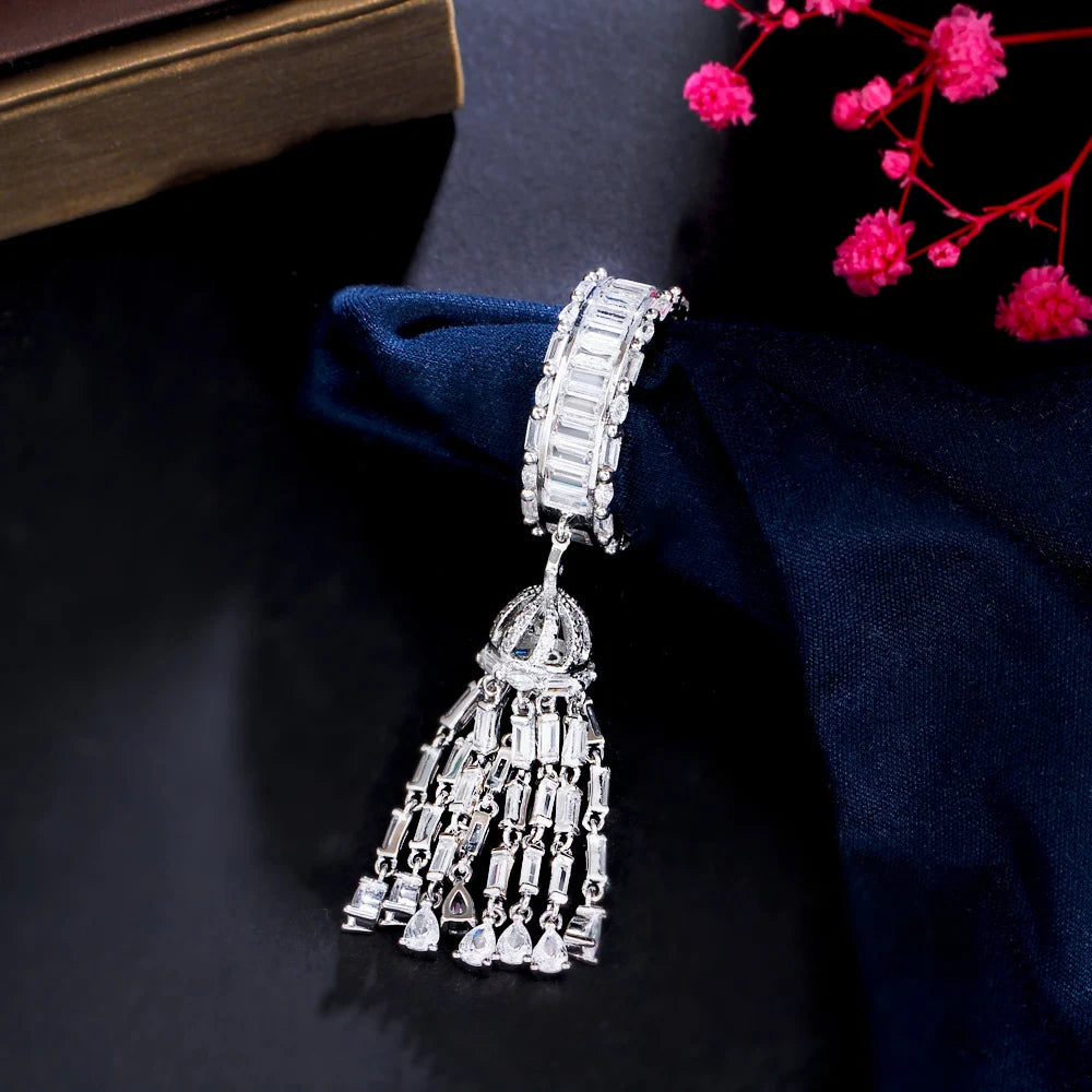 Unique Luxury Statement Long Tassel Charms Chic Cubic Zircon Wedding Band Rings for Women Bohemian Beach Jewelry - EUFASHIONBAGS