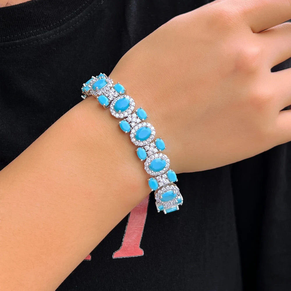 Luxury Chunky Cubic Zirconia and Blue Turquoise Pave Women Daily Party Engagement Wedding Bracelet Jewelry Gift - EUFASHIONBAGS