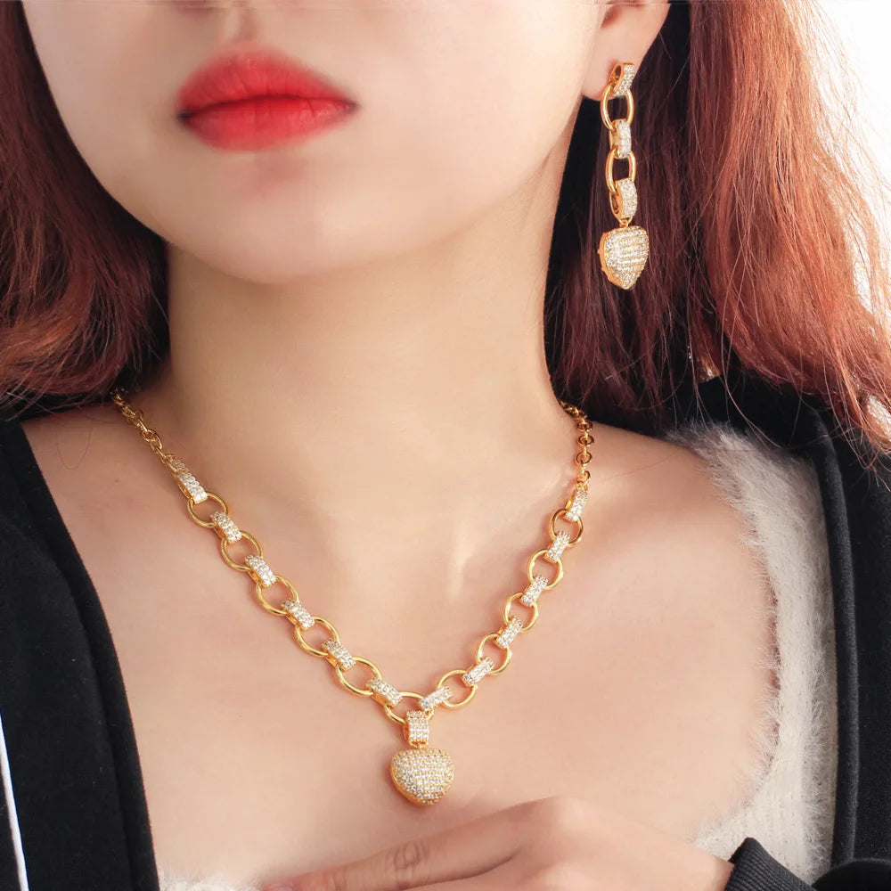 Popular Love Heart Shaped CZ Cuban Link Chain Brazilian Gold Plated Necklace and Earrings Women Jewelry Sets - EUFASHIONBAGS