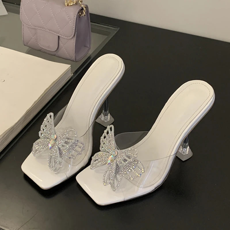 Clear High Heels Modern Slippers For Woman Crystal Butterfly Designer Shoes Transparent Sandal Female Mules Slides