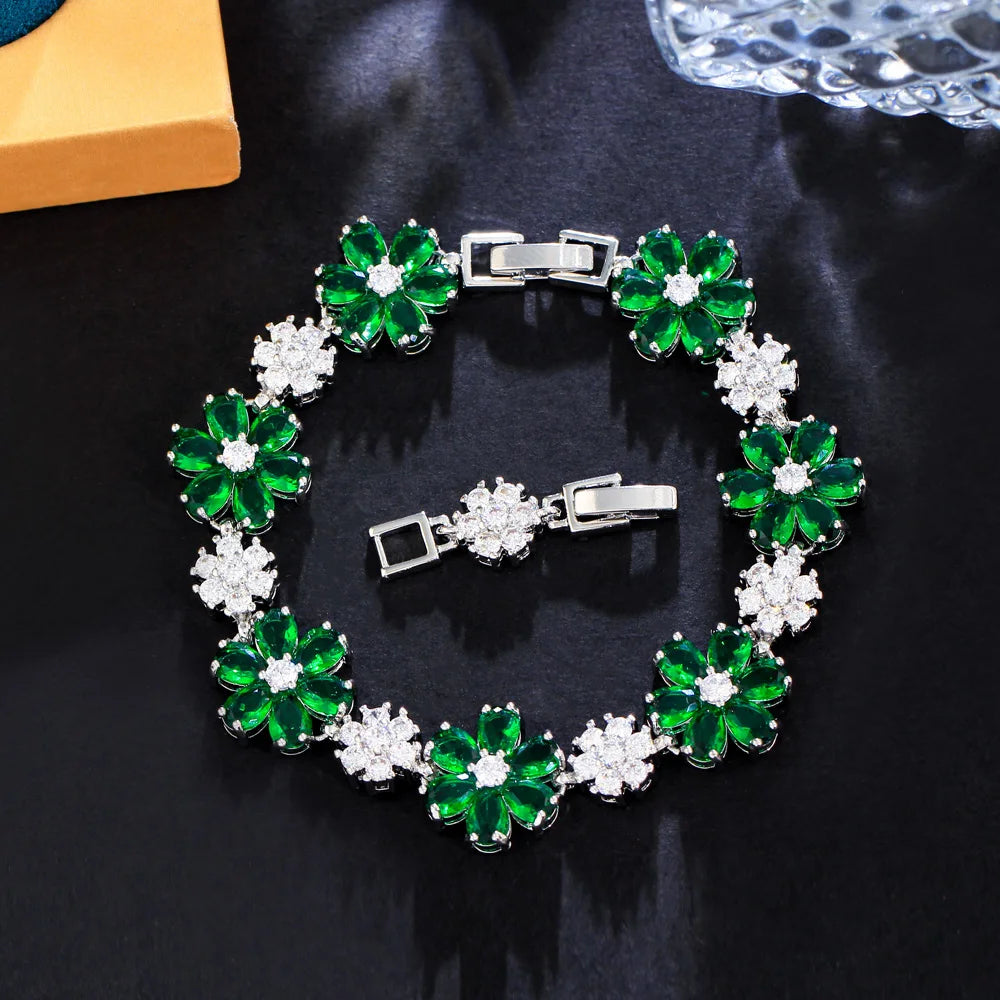 Gold Plated Green Cubic Zirconia Crystal Flower Charm Link Women Wedding Party Bracelets Jewelry Gift