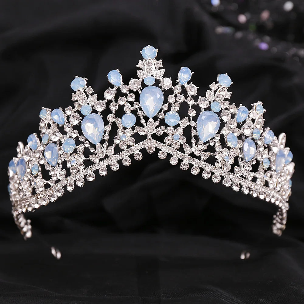 Luxury Forest Pink Blue Opal Crystal Bridal Tiaras Royal Queen Crown Rhinestone Pageant Diadem Wedding Hair Costume Accessories - EUFASHIONBAGS