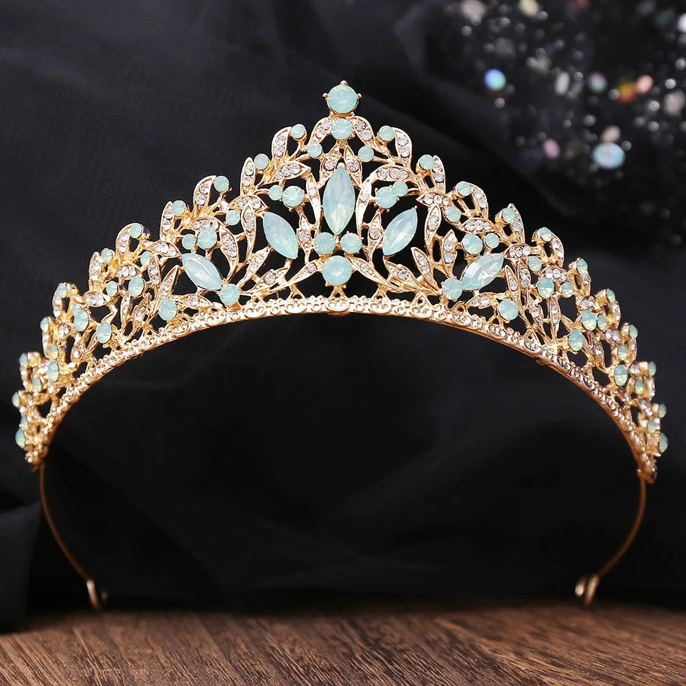 New Luxury Gold Color Green Opal Crystal Flower Water Drop Tiaras Crown Women Wedding Party Diadem Bridal Crown Hair Accessories - EUFASHIONBAGS