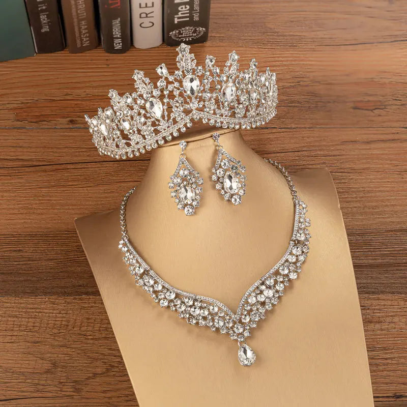 Baroque Gold Color Black Crystal Bridal Jewelry Sets Tiaras Crown Earrings Choker Necklace Women Wedding Dress Dubai Jewelry Set