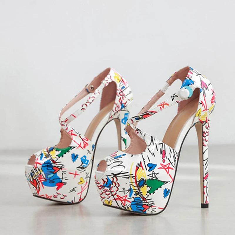 Hand-Painted Leather Platform Pumps Women Sexy Peep Toe 16CM Extreme High Heels Stiletto Party Banquet Shoes - EUFASHIONBAGS