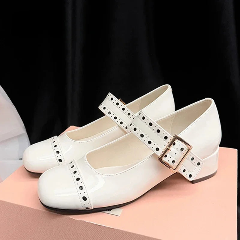 Patent Leather Chunky Mary Jane Shoes Women Square Toe Fashion High Heels Dress Shoes Belt Buckle Brand Designer Women Pumps