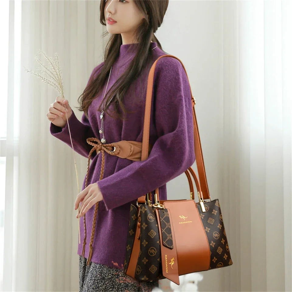 Women Luxury Top-Handle Bags 3 layer Design Fashion Print Handbag High Quality Leather Shoulder Bag Large Women Handbag