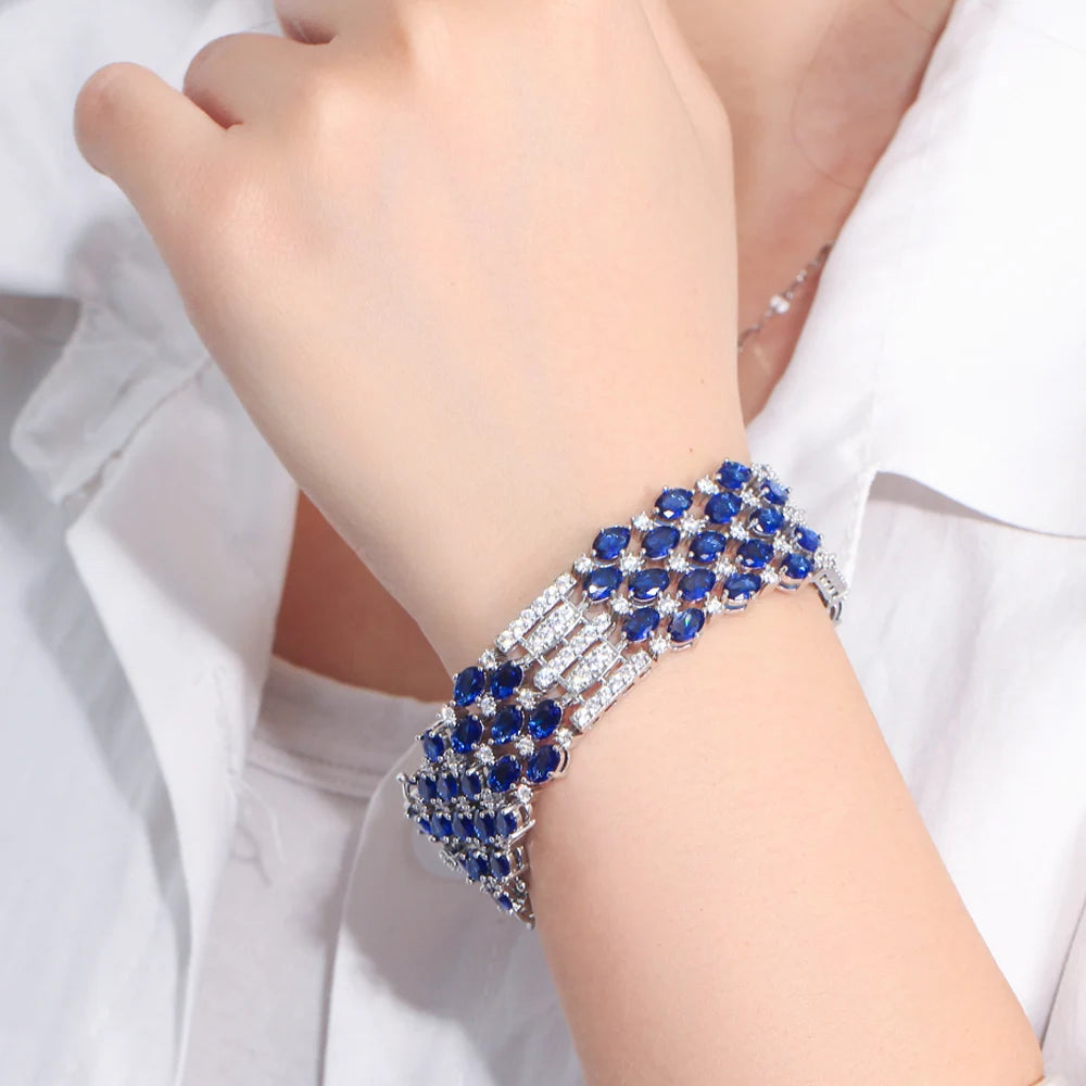 Glamorous Chunky Oval Round Royal Blue Cubic Zirconia Crystal Big Luxury Bracelets for Women Wedding Event